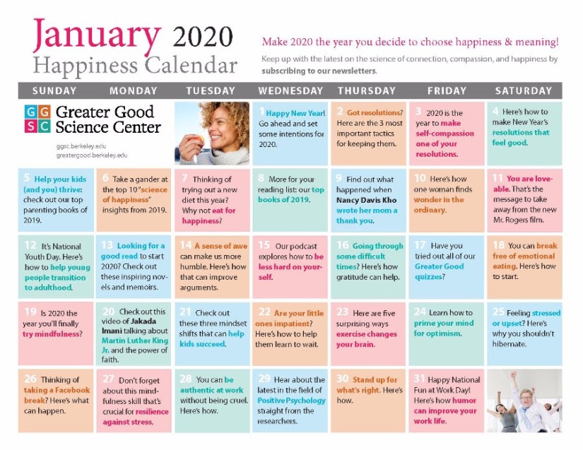 January 2020 Happiness Calendar